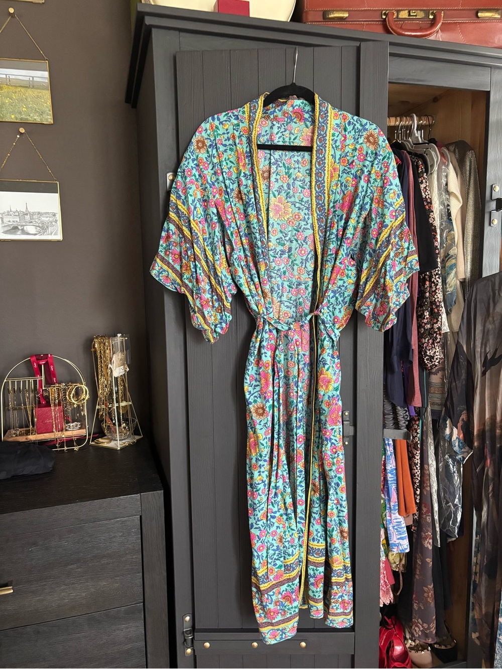 Spell Floral Kimono Robe in Turquoise and Multicolor